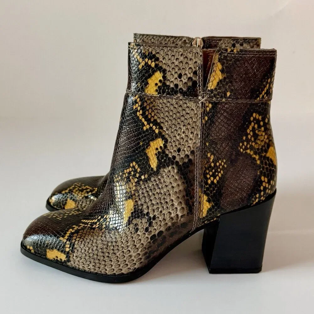 Franco Sarto Women's Size 7M Snake Print Leather Zip Ankle Bootie w/ Block Heel